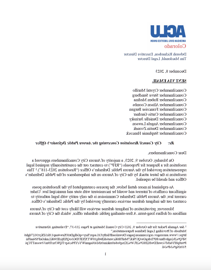 Screenshot of the letter sent to Aurora City Council regarding resolution 118